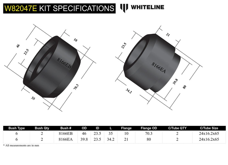 Whiteline 40 x 20 x 10 cm / Standard Alignment - non adjustable Front Strut Rod - To Chassis Bushing Kit to Suit Holden Commodore VT-VZ and HSV Autofit