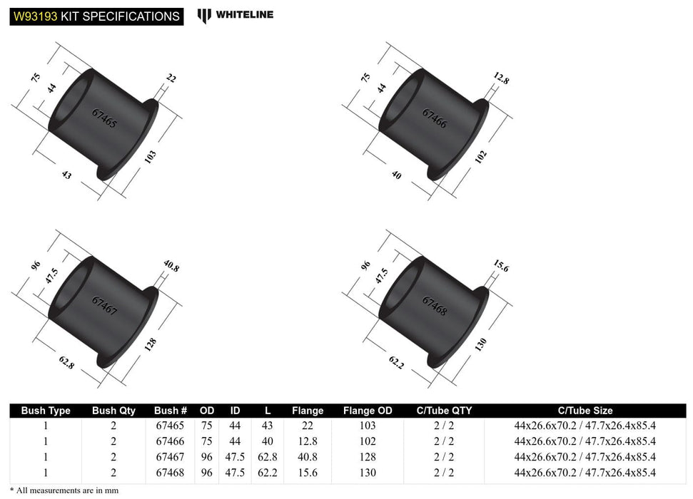 Whiteline 50 x 20 x 10 cm Rear Subframe - Bushing Kit to Suit HSV Clubsport, GTS and Senator Gen F Autofit