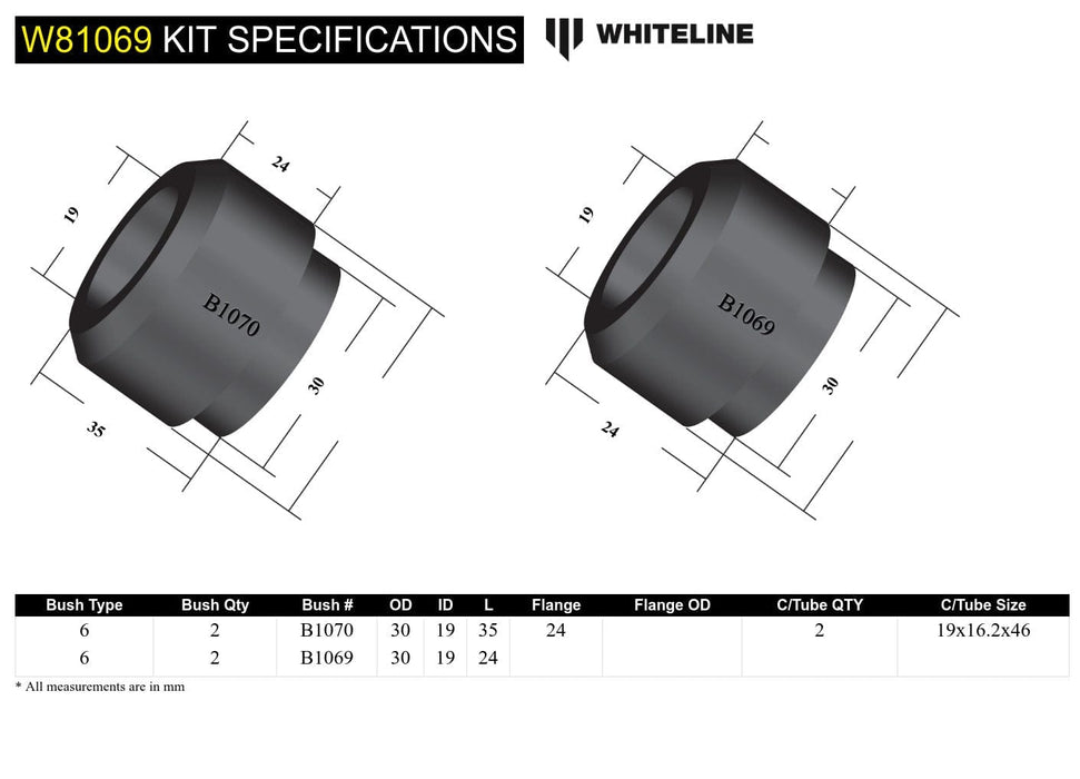 Whiteline 7 x 14 x 20 cm / 16mm ID - 2 piece bushing design Front Strut Rod - To Chassis Bushing Kit to Suit Chrysler Valiant and Dodge Phoenix Autofit