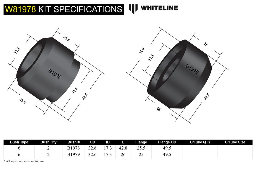 Whiteline 7 x 14 x 20 cm / 17mm ID Front Strut Rod - To Chassis Bushing Kit to Suit Frd Falcon XK-XP and Mustang Classic Autofit