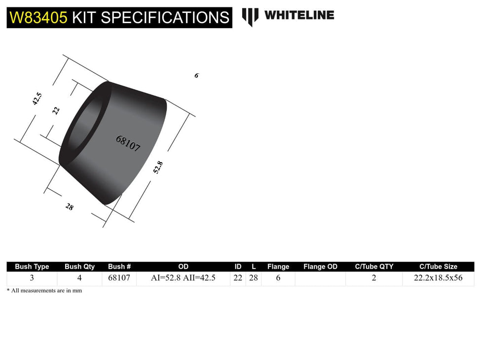 Whiteline 7 x 14 x 20 cm / 18.5mm ID Front Strut Rod - To Chassis Bushing Kit to Suit Toyota HiAce Autofit