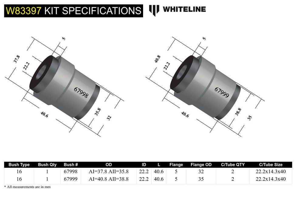 Whiteline 7 x 14 x 20 cm / 38.8mm and 35.8mm OD - suits models to - 06/2008 Front Panhard Rod - Bushing Kit to Suit Jeep Wrangler JK Autofit