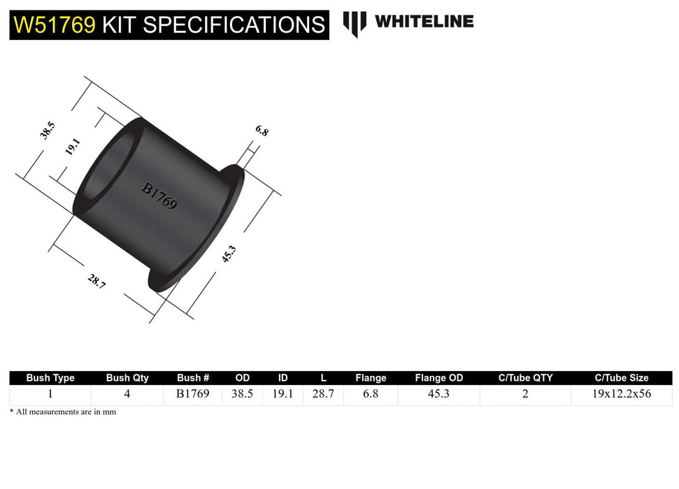 Whiteline 7 x 14 x 20 cm / 38mm OD Front Control Arm Lower - Inner Front Bushing Kit to Suit Ford Laser KF, KH, KJ and Mazda 323 BG, BA Autofit