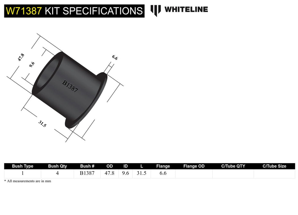 Whiteline 7 x 14 x 20 cm / 48mm OD Rear Leaf Spring - Rear Eye Bushing Kit to Suit Ford Capri and Cortina Autofit