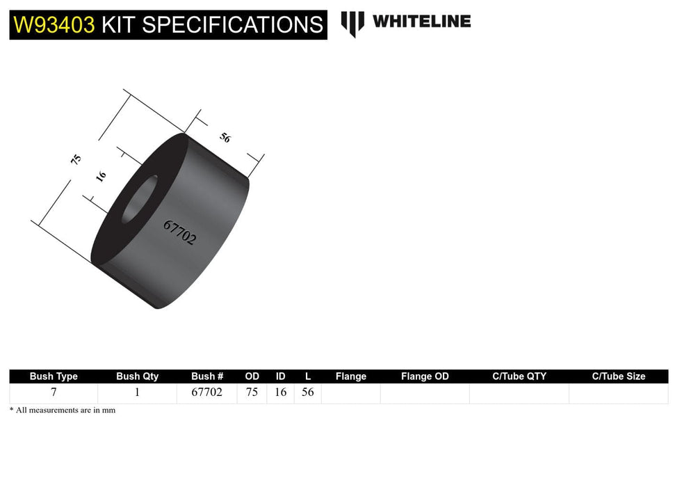 Whiteline 7 x 14 x 20 cm / 75mm OD Rear Differential Mount - Rear Bushing Kit 75mm OD to Suit Ford Falcon/Fairlane BA-BF, Territory SX-SZ and FPV Autofit