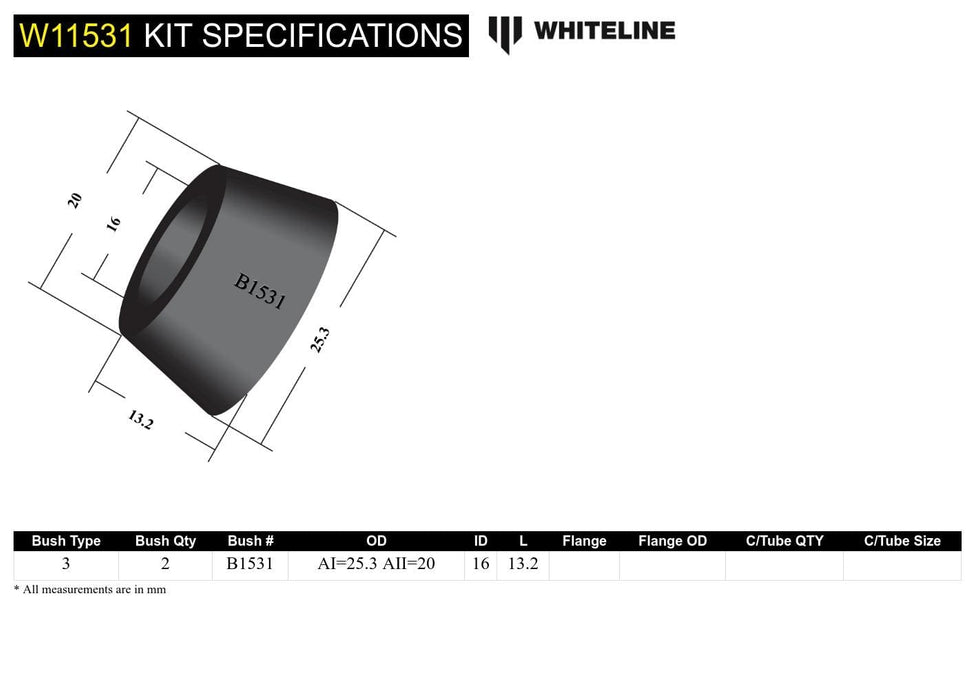 Whiteline 7 x 14 x 20 cm / Bushing without flange Front Steering Idler Arm - Bushing Kit to Suit Mazda 808, 929, RX2-RX5 Autofit