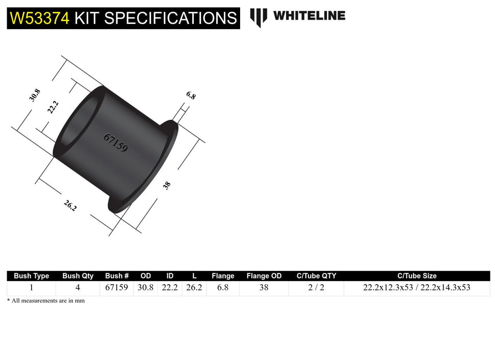 Whiteline 7 x 14 x 20 cm / Contains both 12mm and 14mm crush tubes Front Control Arm Lower - Inner Front Bushing Kit to Suit Toyota MR2 ZZW30 and Echo NCP10 Autofit