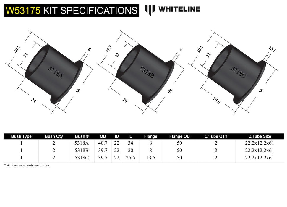Whiteline 7 x 14 x 20 cm / Fitter friendly design Front Control Arm Lower - Inner Bushing Kit to Suit Holden Commodore VR-VZ and HSV Autofit