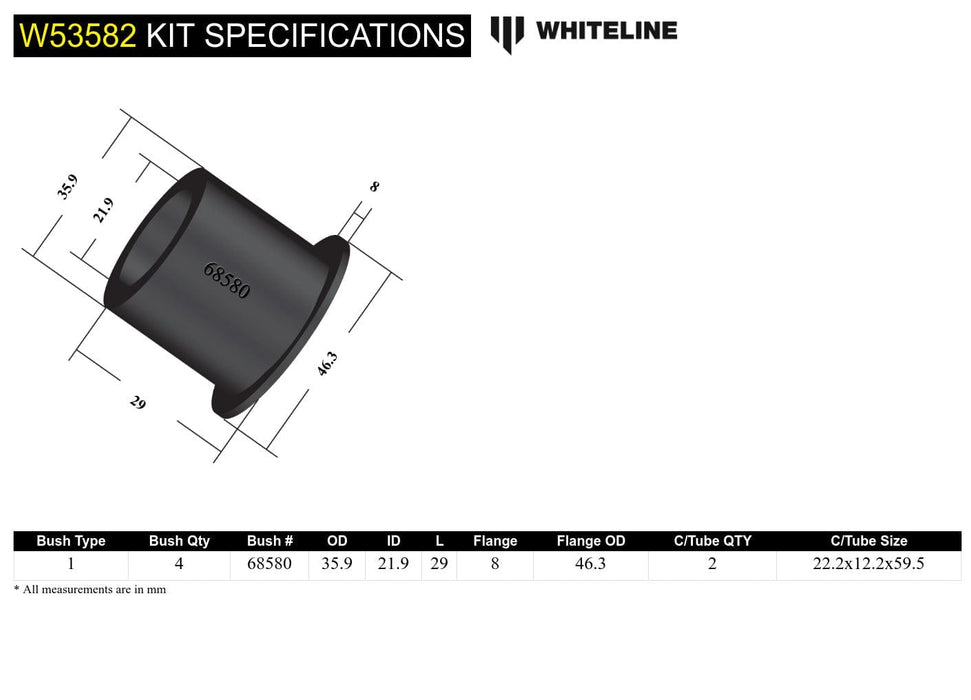 Whiteline 7 x 14 x 20 cm Front Control Arm Lower - Inner Front Bushing Kit to Suit Daewoo Lacetti and Holden Viva Autofit