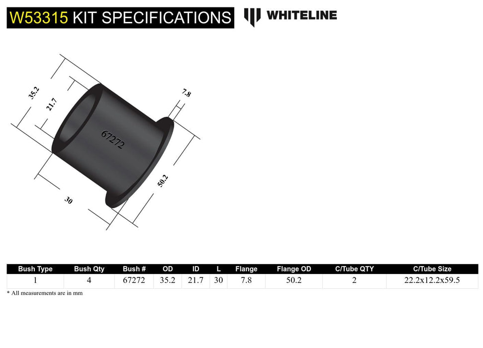 Whiteline 7 x 14 x 20 cm Front Control Arm Lower - Inner Front Bushing Kit to Suit Holden Astra TS, AH and Zafira TT Autofit