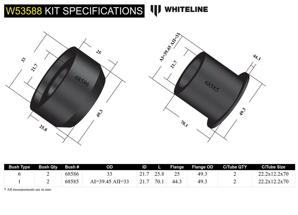 Whiteline 7 x 14 x 20 cm Front Control Arm Lower - Inner Front Bushing Kit to Suit Holden Barina and Combo Autofit
