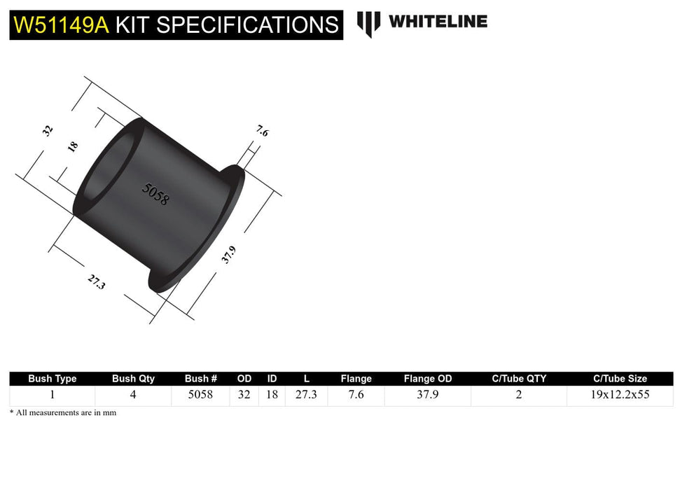 Whiteline 7 x 14 x 20 cm Front Control Arm Lower - Inner Front Bushing Kit to Suit Hyundai Lantra, Sonata and Mitsubishi Galant, Magna Autofit