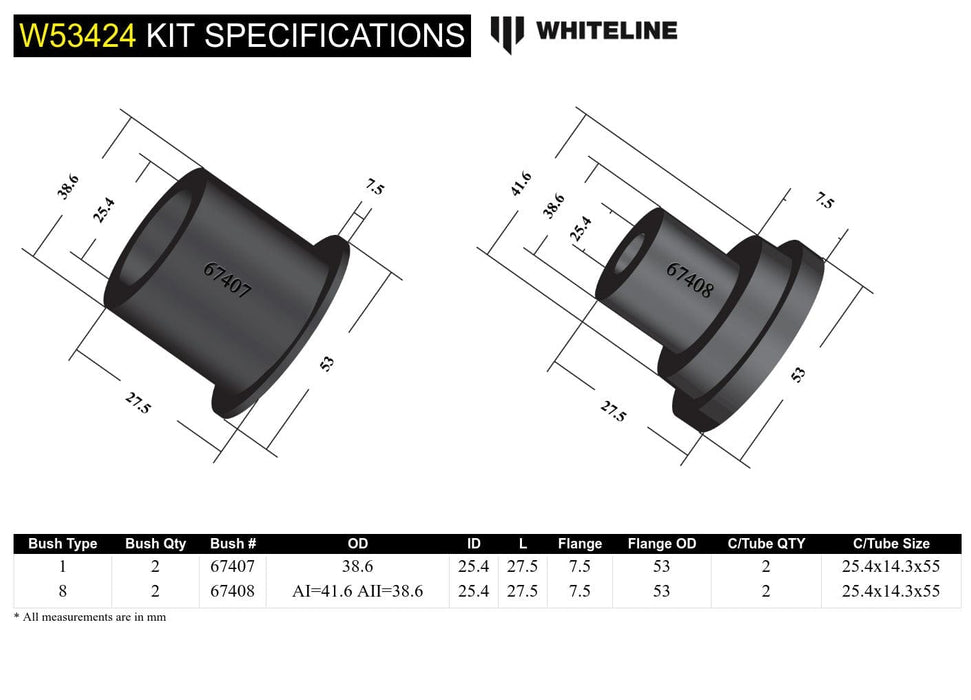 Whiteline 7 x 14 x 20 cm Front Control Arm Lower - Inner Front Bushing Kit to Suit Nissan X-Trail, Renault Megane and Scenic Autofit
