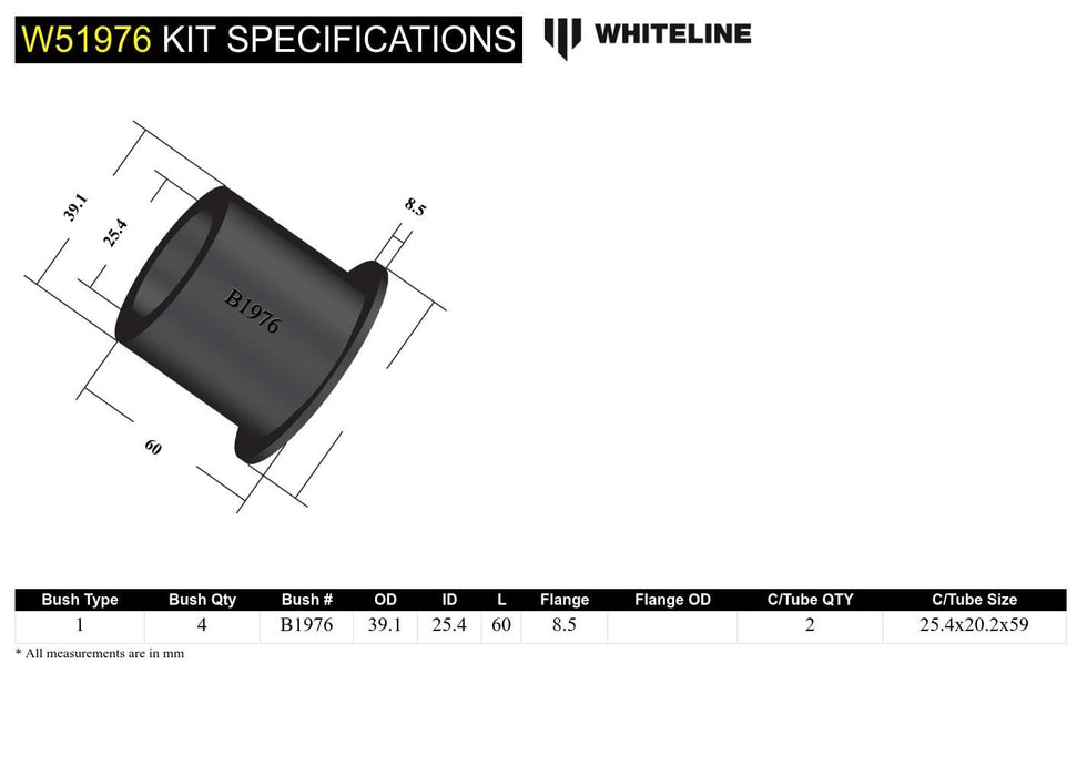 Whiteline 7 x 14 x 20 cm Front Control Arm Lower - Inner Front Bushing Kit to Suit Toyota Celica ST182, ST185 Autofit