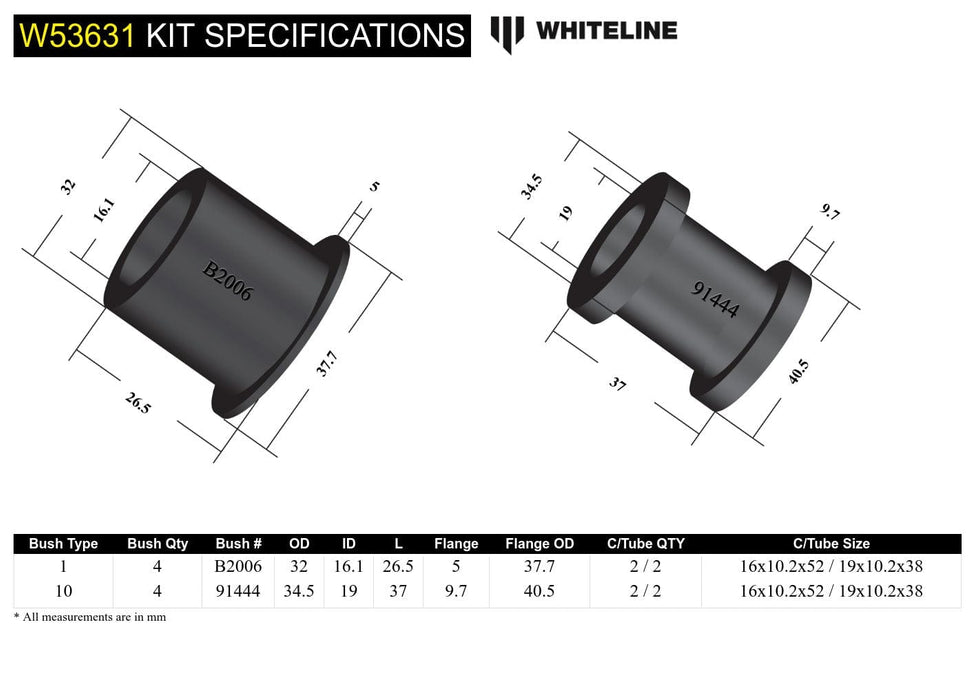 Whiteline 7 x 14 x 20 cm Front Control Arm Upper and Lower - Bushing Kit to Suit Honda Integra DA, DB Autofit