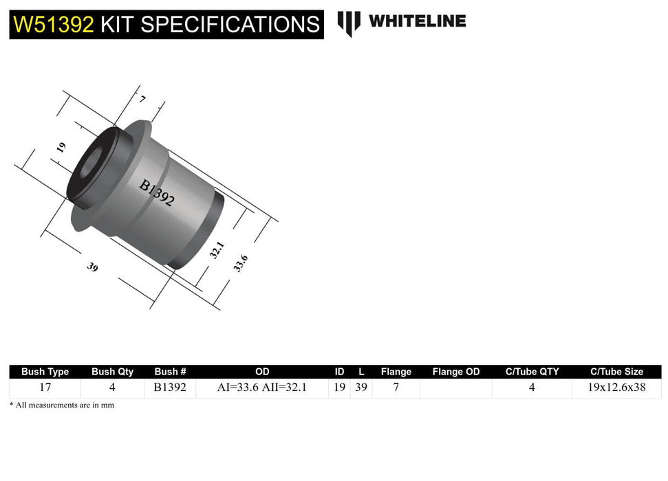 Whiteline 7 x 14 x 20 cm Front Control Arm Upper - Bushing Kit to Suit Ford ortina TC, TD Autofit