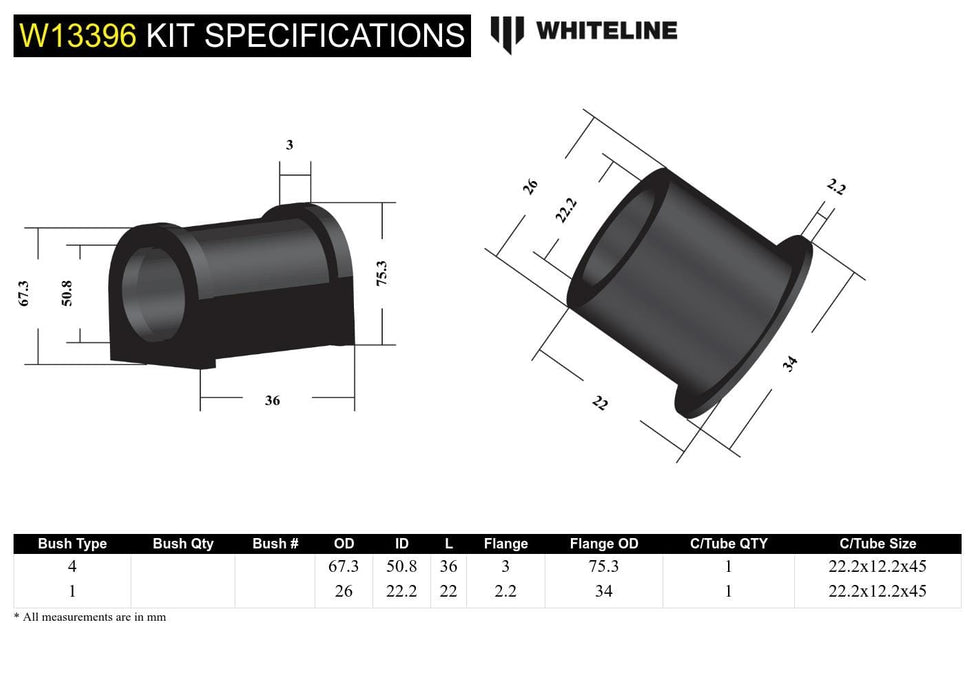 Whiteline 7 x 14 x 20 cm Front Steering Rack and Pinion - Mount Bushing Kit to Suit Toyota Rav 4 SXA10, 11, 16 Autofit