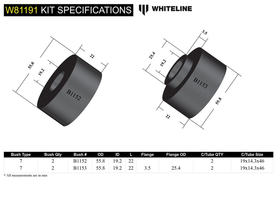 Whiteline 7 x 14 x 20 cm Front Strut Rod - To Chassis Bushing Kit to Suit Mitsubishi Galant and Sigma Autofit