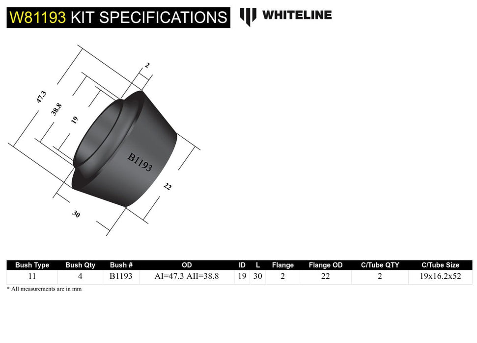 Whiteline 7 x 14 x 20 cm Front Strut Rod - To Chassis Bushing Kit to Suit Toyota Corolla, Celica, Corona and Supra Autofit