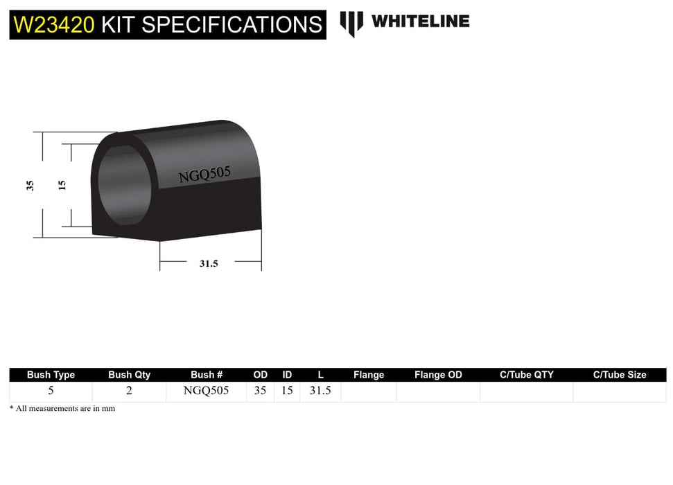 Whiteline 7 x 14 x 20 cm Front Sway Bar Mount - Bushing Kit 15mm to Suit Nissan Patrol GQ and Ford Maverick DA Autofit