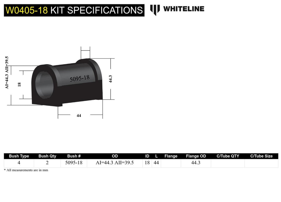 Whiteline 7 x 14 x 20 cm Front Sway Bar Mount - Bushing Kit 18mm to Suit Subaru Forester, Impreza and Liberty Autofit