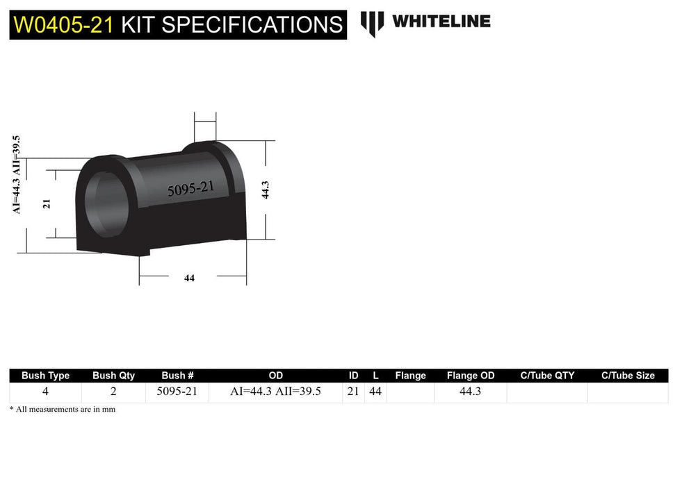 Whiteline 7 x 14 x 20 cm Front Sway Bar Mount - Bushing Kit 21mm to Suit Subaru Forester, Impreza and Liberty Autofit