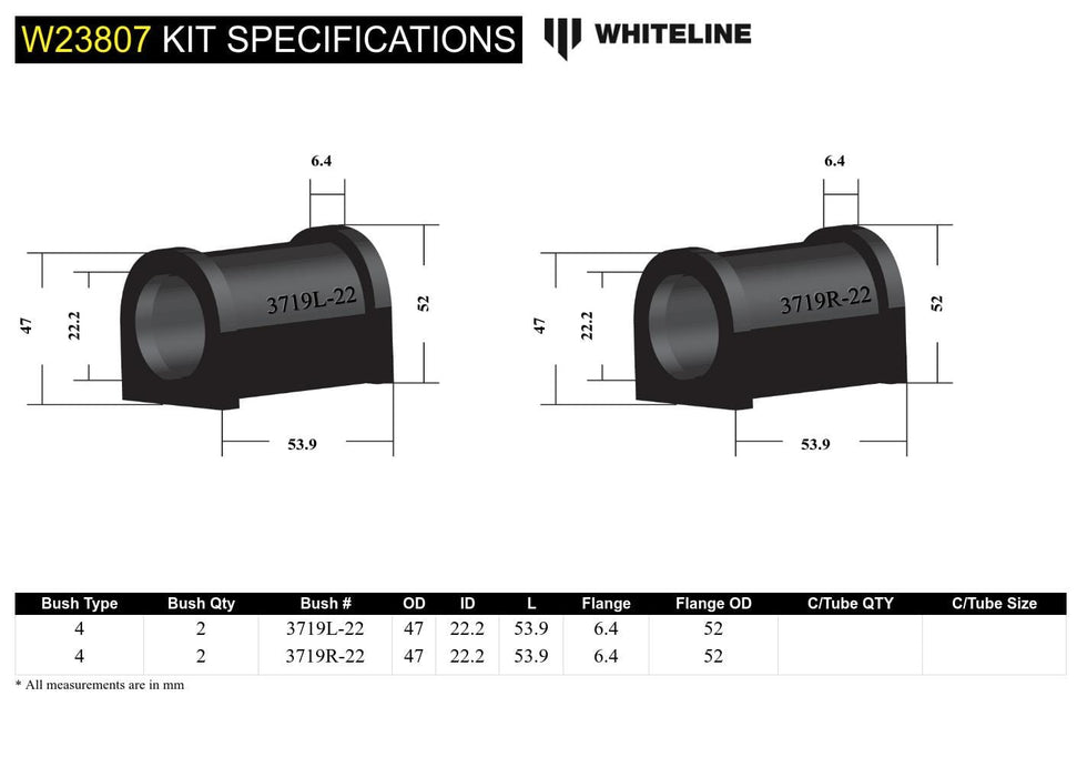 Whiteline 7 x 14 x 20 cm Front Sway Bar Mount - Bushing Kit 22.2mm to Suit Toyota Corolla, Prius and Rav 4 Autofit