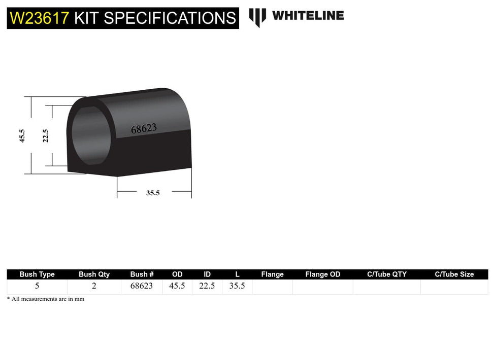 Whiteline 7 x 14 x 20 cm Front Sway Bar Mount - Bushing Kit 22.5mm to Suit Volkswagen Golf Mk5, Mk6 Fwd/4Motion and Jetta A5, A6 Autofit