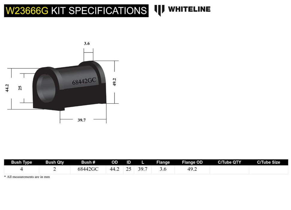 Whiteline 7 x 14 x 20 cm Front Sway Bar Mount - Bushing Kit 25mm 'Grease Free' to Suit Toyota Hiace SBV RCH12, RCH22, RZH10 Autofit
