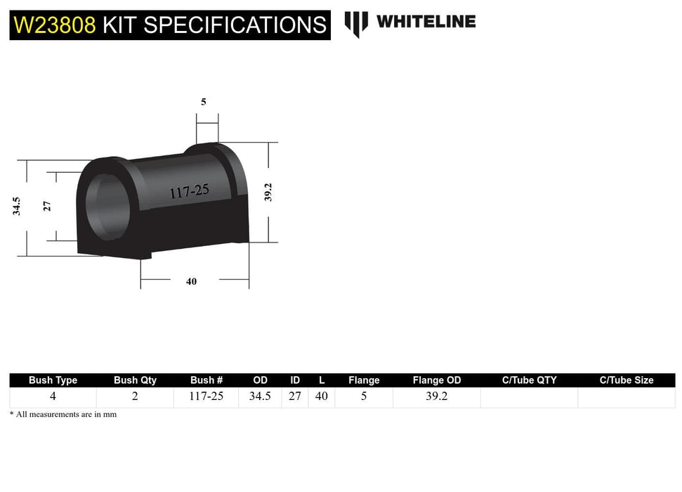 Whiteline 7 x 14 x 20 cm Front Sway Bar Mount - Bushing Kit 25mm to Suit Mitsubishi Triton MK 4wd Autofit