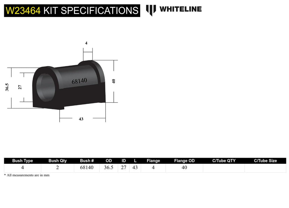 Whiteline 7 x 14 x 20 cm Front Sway Bar Mount - Bushing Kit 27mm to Suit Holden Colorado, Frontera, Rodeo, Isuzu D-Max and MU Autofit