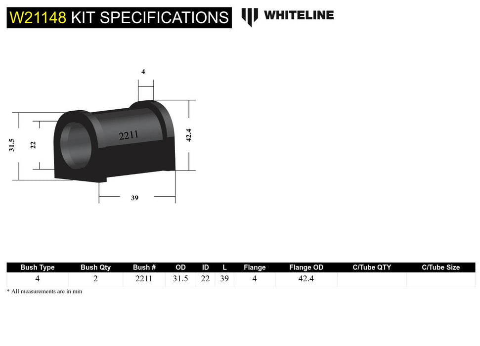 Whiteline 7 x 14 x 20 cm Front Sway Bar Mount - Outer Bushing Kit 22mm to Suit Mitsubishi L300 SA-SE 2wd Autofit