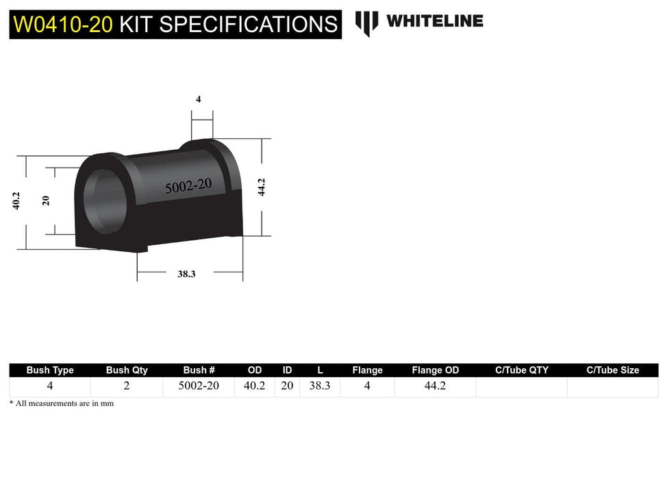 Whiteline 7 x 14 x 20 cm / Heavy duty - measure bar size, use with KS30 mounting saddle Universal Sway Bar Mount - Bushing Kit 20mm Heavy Duty Autofit