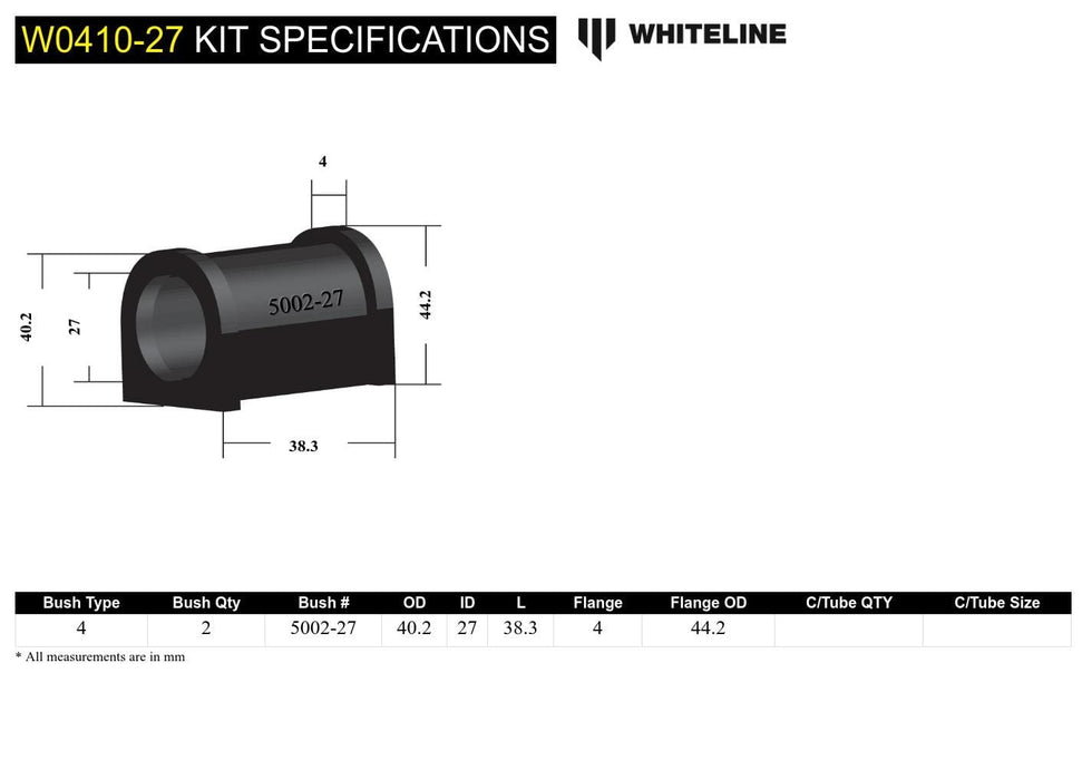 Whiteline 7 x 14 x 20 cm / Heavy duty - measure bar size, use with KS30 mounting saddle Universal Sway Bar Mount - Bushing Kit 27mm Heavy Duty Autofit