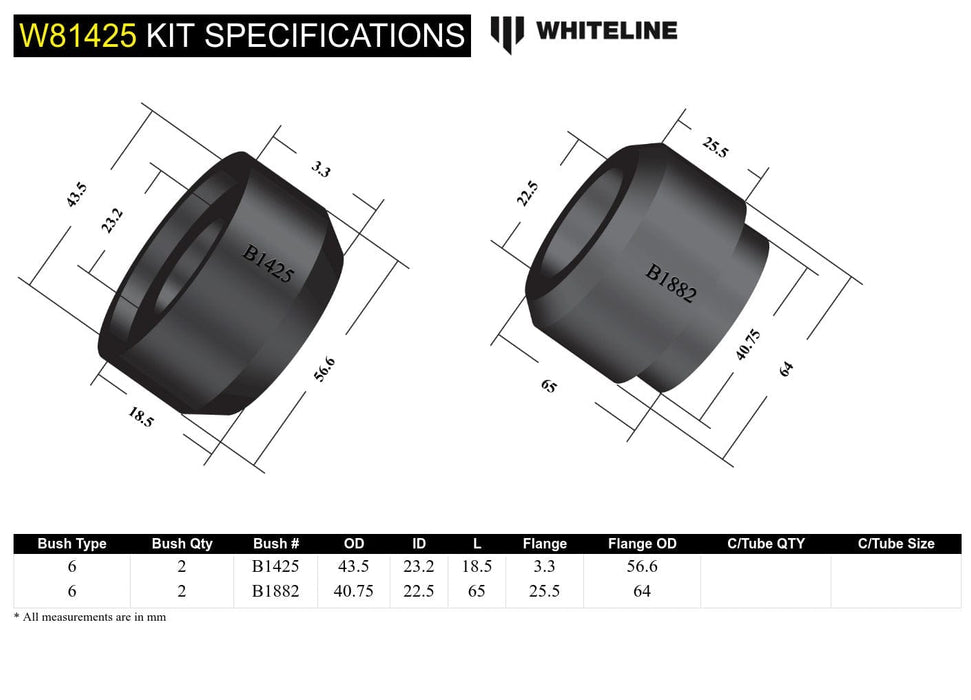 Whiteline 7 x 14 x 20 cm / Interconnect 2mm Front Leading Arm - To Chassis Bushing Kit to Suit Ford F Series F100, F150, F250 and F350 Autofit