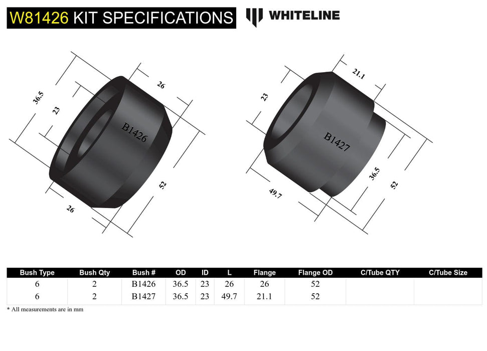 Whiteline 7 x 14 x 20 cm / Interconnect 6mm Front Leading Arm - To Chassis Bushing Kit to Suit Ford F Series F100, F250 and F350 Autofit
