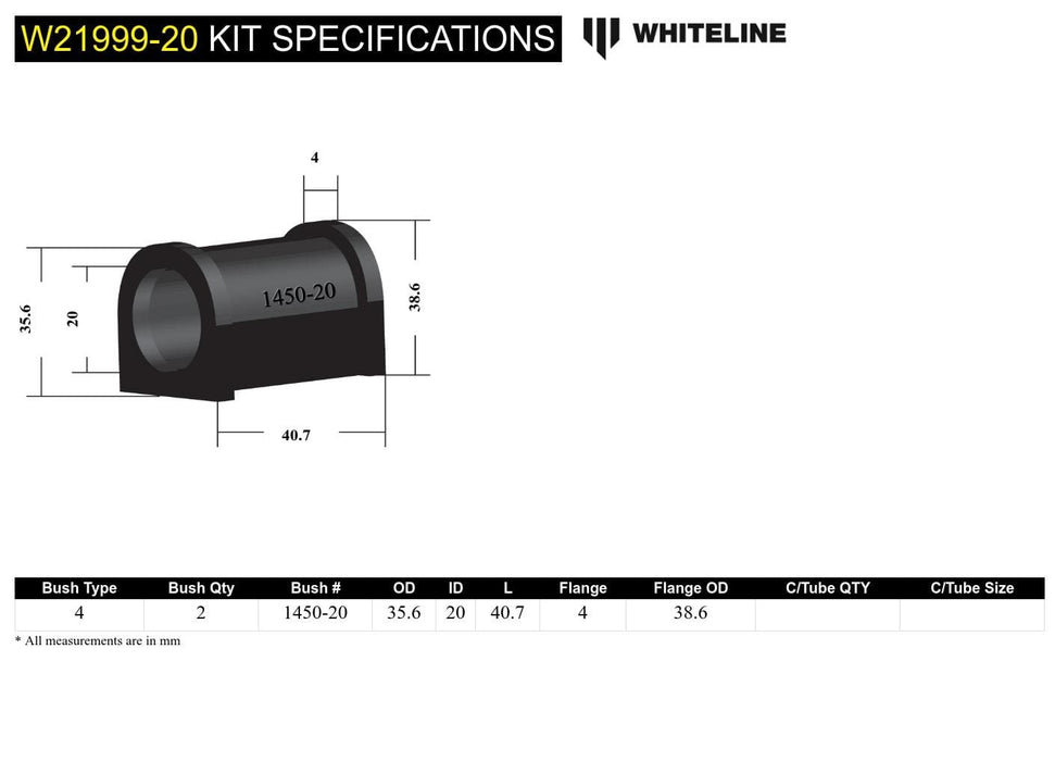 Whiteline 7 x 14 x 20 cm / Measure bar size, use with universal saddle Universal Sway Bar Mount - Bushing Kit 20mm Autofit