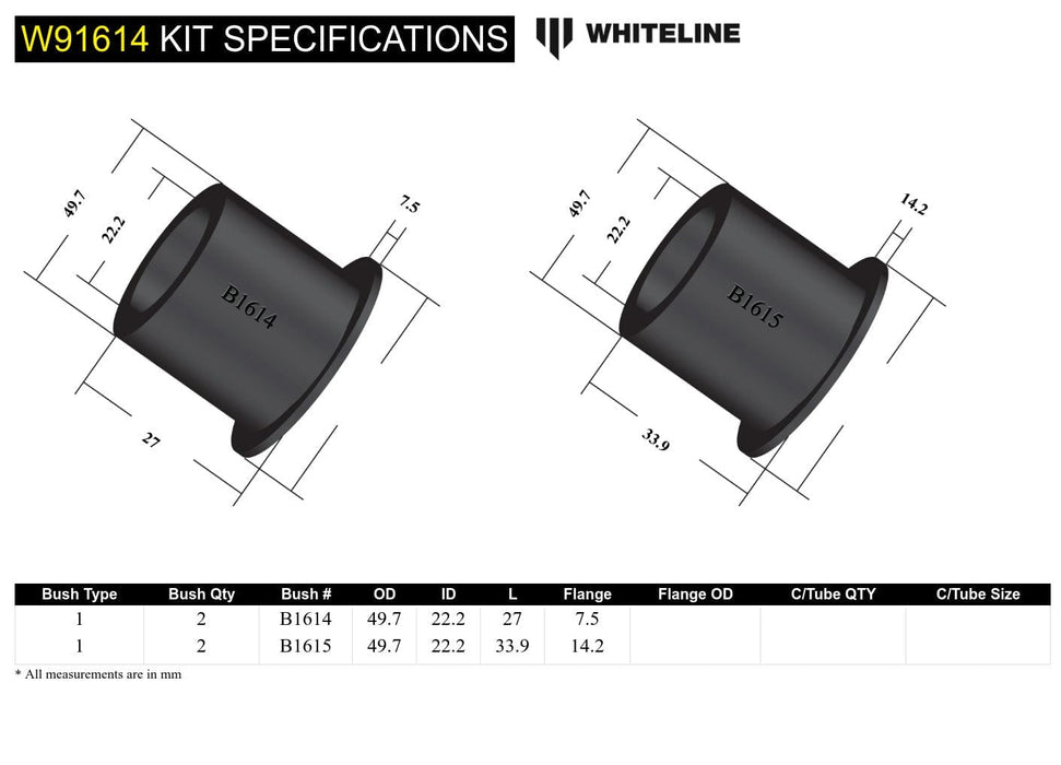 Whiteline 7 x 14 x 20 cm / Moustache brace - 50mm OD Rear Differential Mount - Bushing Kit to Suit Nissan 1600, 180B, 240K and Bluebird Autofit