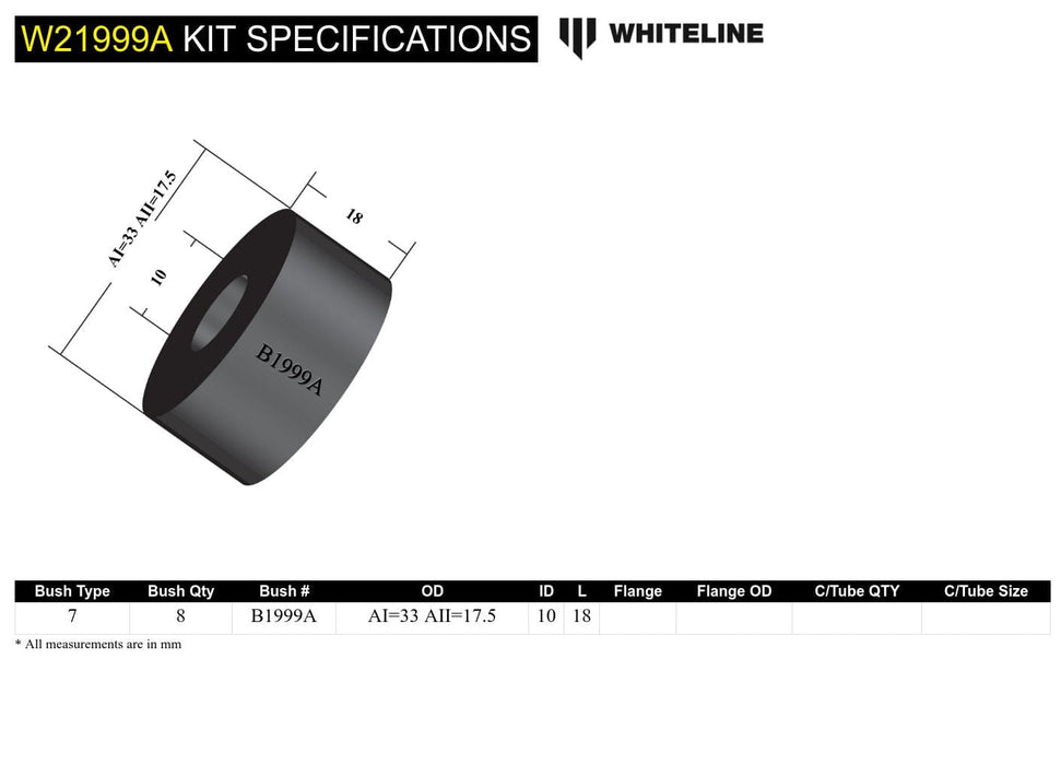 Whiteline 7 x 14 x 20 cm / OD=33, ID=10, L=20mm, locator OD=17mm (saucer shape) Front Sway Bar Link - Bushing Kit to Suit Holden Commodore VN-VX and HSV Autofit