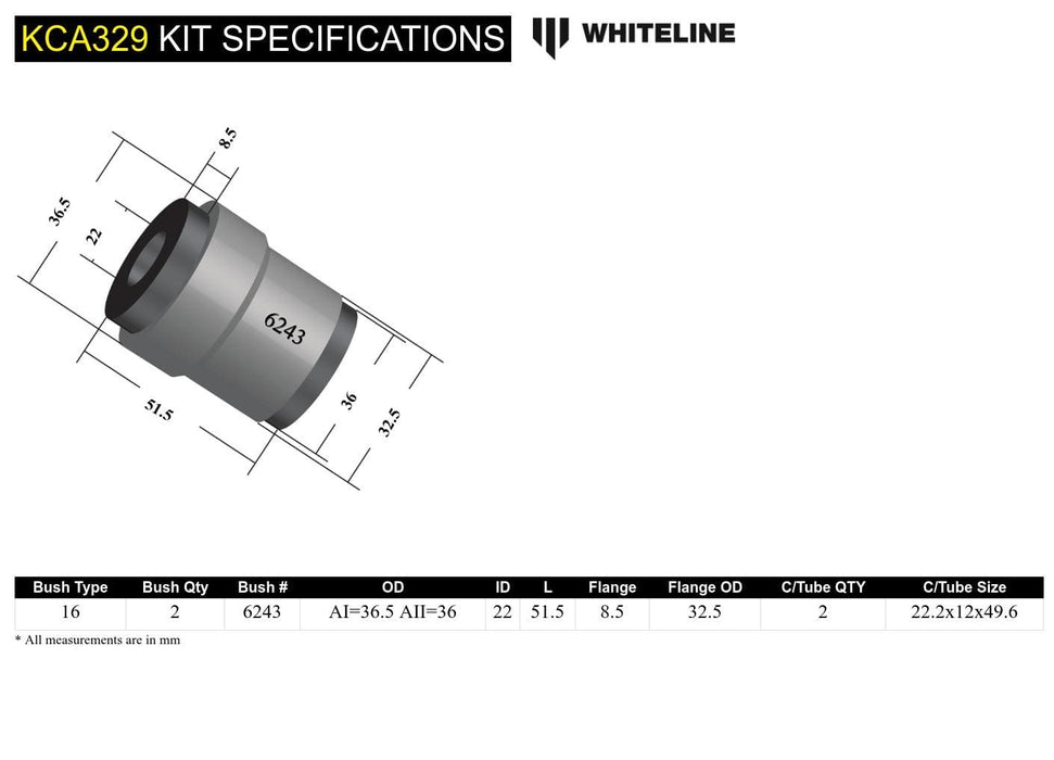 Whiteline 7 x 14 x 20 cm / Performance Alignment - adds +/- 0.5deg camber Rear Control Arm Upper - Inner Bushing Kit Double Offset to Suit Chrysler, Citroen, Dodge, Jeep, Mitsubishi and Peugeot Autofit