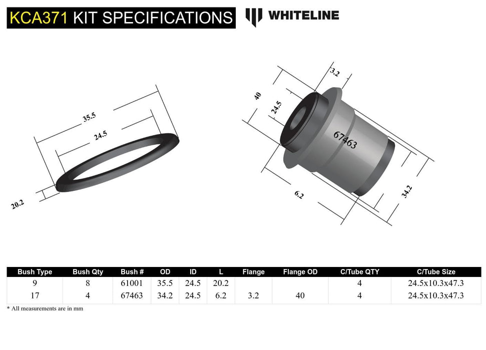 Whiteline 7 x 14 x 20 cm / Performance Alignment - adds +0.66deg caster +/- 0.66deg camber Front Control Arm Upper - Bushing Kit Double Offset to Suit Honda Civic VI Gen and CR-V RD1-RD3 Autofit