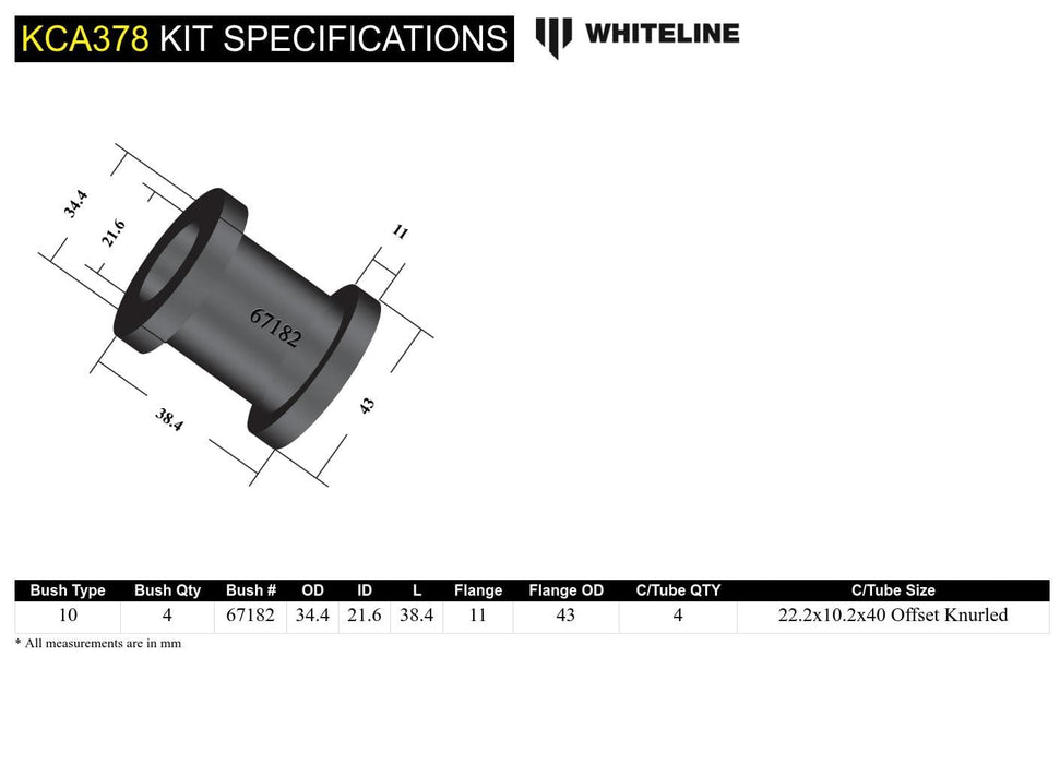 Whiteline 7 x 14 x 20 cm / Performance Alignment - adds +/- 1.0deg camber Front Control Arm Upper - Bushing Kit Double Offset to Suit Honda Civic, CR-X and Integra Autofit
