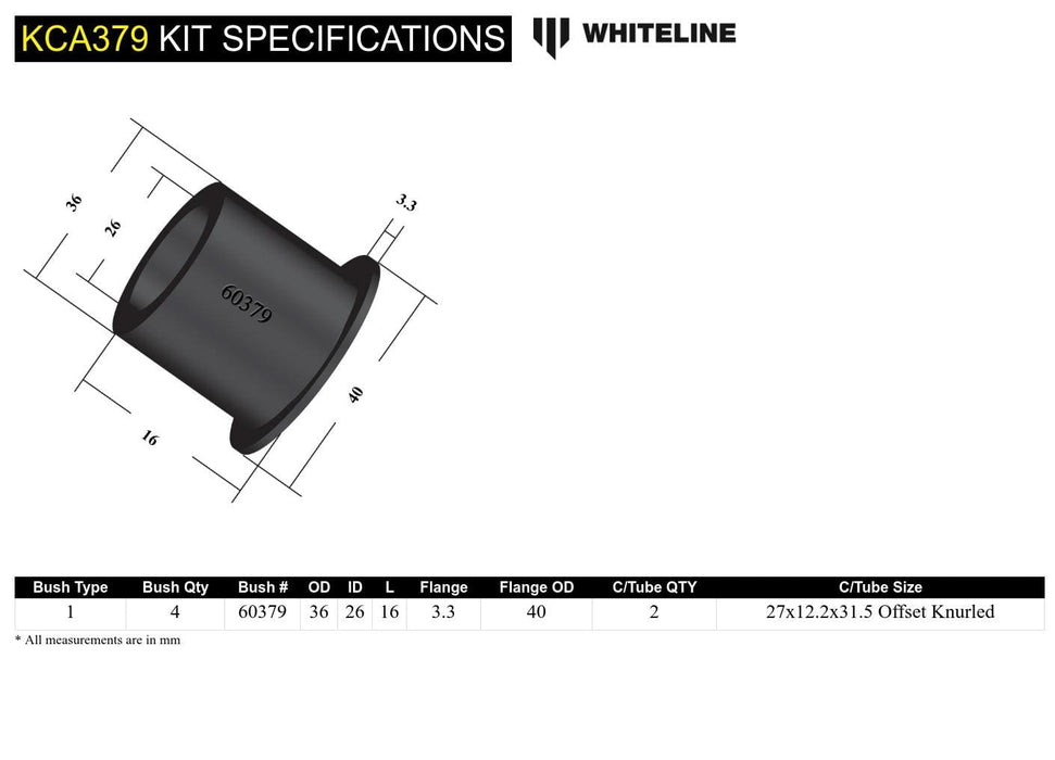 Whiteline 7 x 14 x 20 cm / Performance Alignment - adds +/- 1.5deg camber Rear Control Arm Upper Rear - Outer Bushing Kit Double Offset to Suit Mazda RX-7 FC Series IV, V Autofit