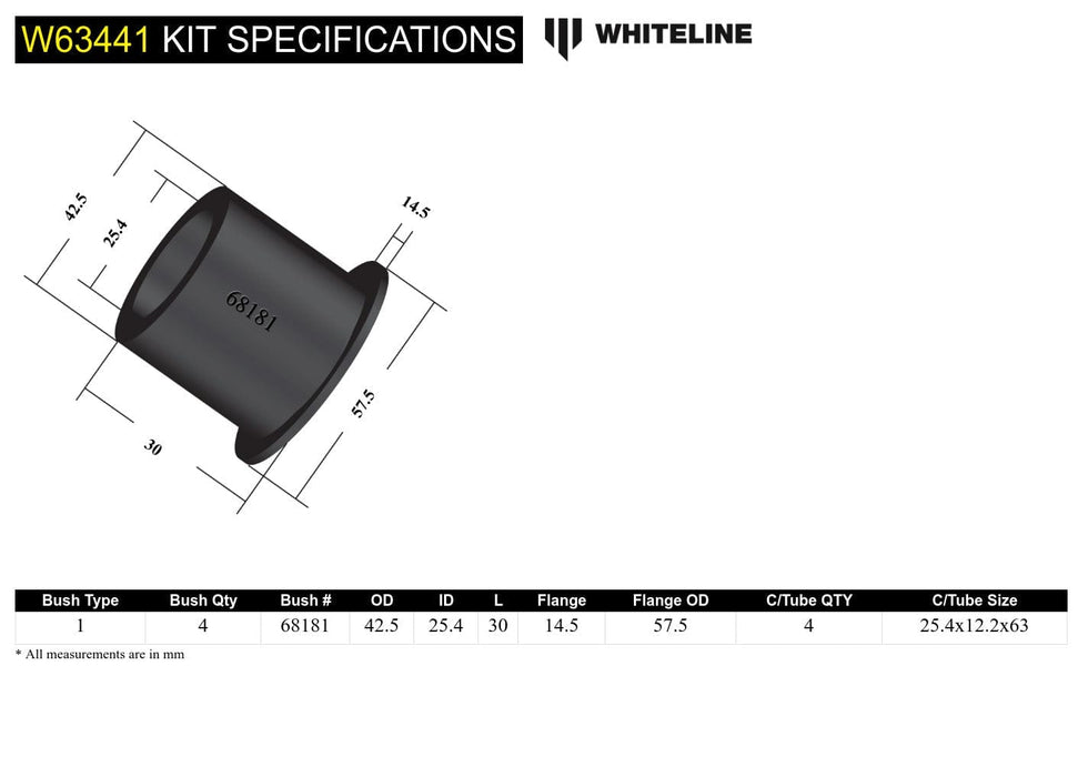 Whiteline 7 x 14 x 20 cm Rear Control Arm Lower - Inner Front Bushing Kit to Suit Honda S2000 AP Autofit