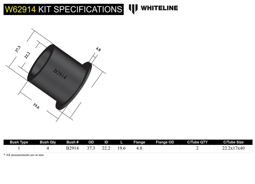 Whiteline 7 x 14 x 20 cm Rear Control Arm Lower - Inner Rear Bushing Kit to Suit Toyota Corola AE90 Autofit
