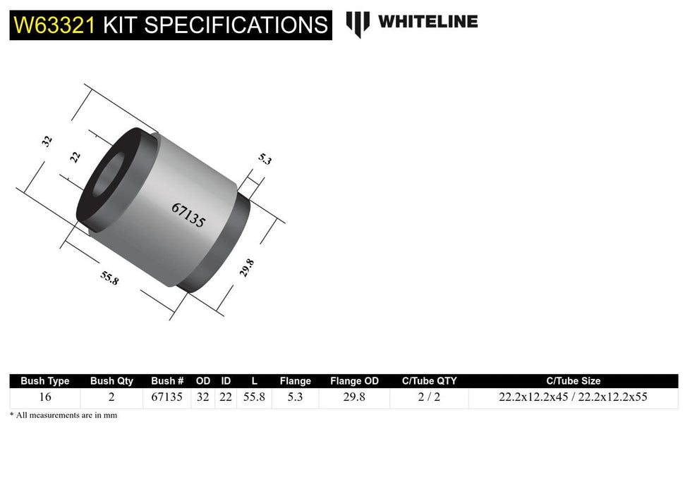 Whiteline 7 x 14 x 20 cm Rear Control Arm Lower Rear - Inner Bushing Kit to Suit Ford Focus, Mazda3 and Volvo C30, S40 Autofit