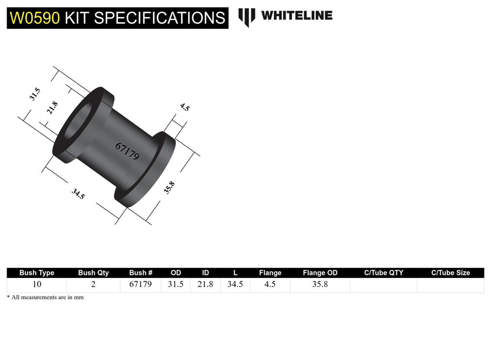 Whiteline 7 x 14 x 20 cm Rear Control Arm Upper Front - Inner Bushing Kit to Suit Mitsubishi Lancer Evo IV-IX Autofit