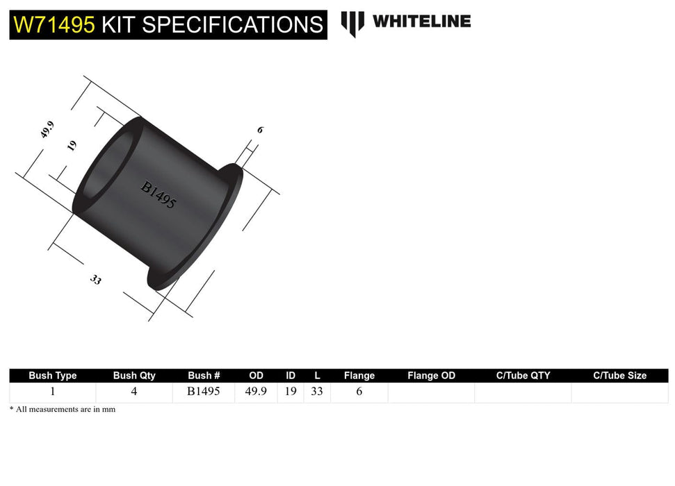 Whiteline 7 x 14 x 20 cm Rear Leaf Spring - Front Eye Bushing Kit to Suit Holden HT, HG Autofit