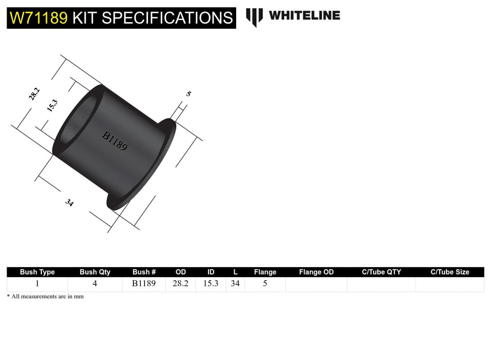 Whiteline 7 x 14 x 20 cm Rear Leaf Spring - Rear Eye and Shackle Bushing Kit to Suit Nissan Nomad, Serena and Vanette Autofit