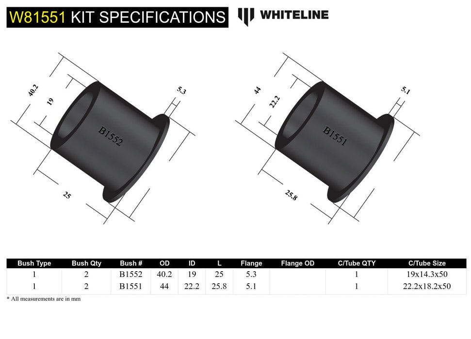 Whiteline 7 x 14 x 20 cm Rear Panhard Rod - Bushing Kit to Suit Mazda 1200, 1300 and RX-2 Autofit